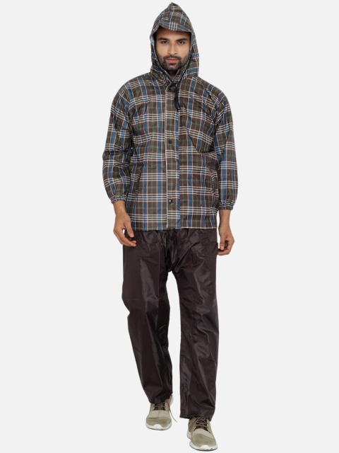 THE CLOWNFISH Men Brown & Blue Checked Pioneer Hooded Rain Suit