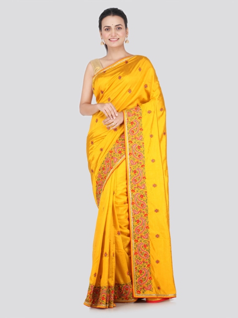 PinkLoom Yellow & Pink Pure Silk Embroidered Saree