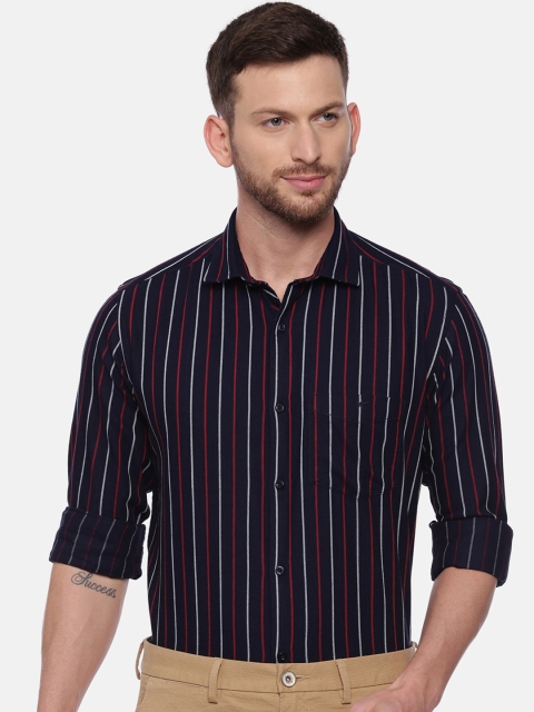 CROYDON Men Navy Blue & Red Regular Fit Striped Cotton Formal Shirt