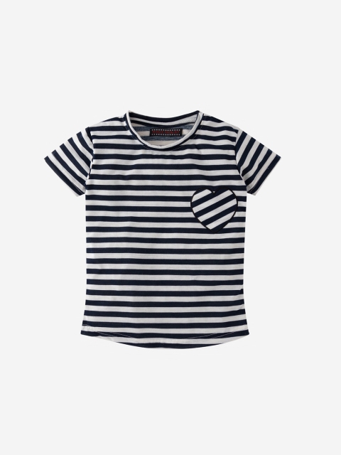 MAGIC TEES Girls Navy Blue & White Striped Round Neck T-shirt