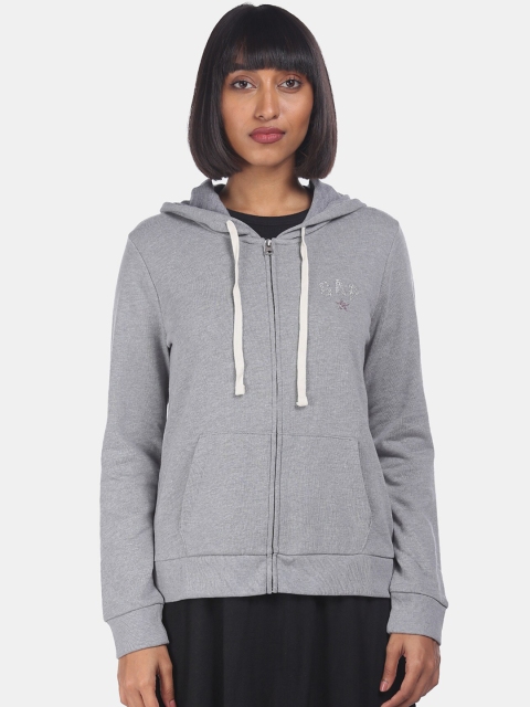 GAP Women Grey Metallic Logo Zip Hood Sweatshirt