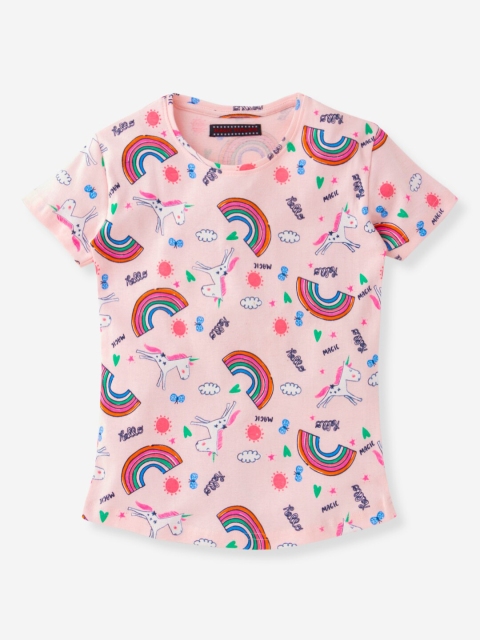 MAGIC TEES Girls Pink & White Cotton Printed Round Neck T-shirt