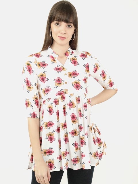 V2 Value & Variety White & Pink Floral Mandarin Collar A-Line Longline Top