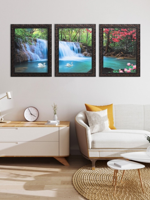 Indianara Set of 3 Waterfall Framed Art Prints, Blue