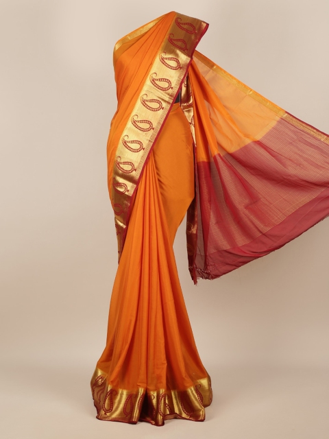 Pothys Orange & Gold-Toned Poly Georgette Solid Saree