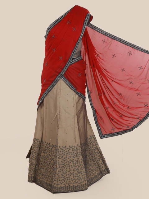 Pothys Red & Grey Poly Chiffon Embellished Half Saree