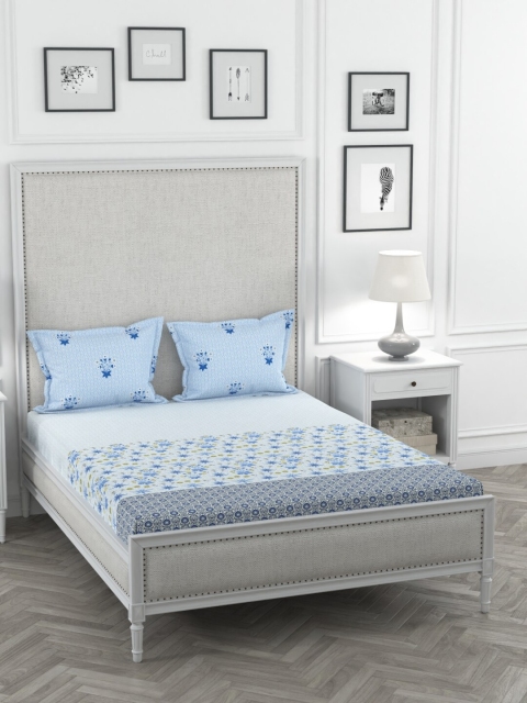 Portico New York Blue Floral 144 TC Cotton 1 King Bedsheet with 2 Pillow Covers