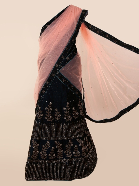 Pothys Peach-Coloured & Blue Net Embellished Saree