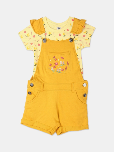Cherokee Girls Mustard Yellow & Pink Printed Dungarees With T-shirt