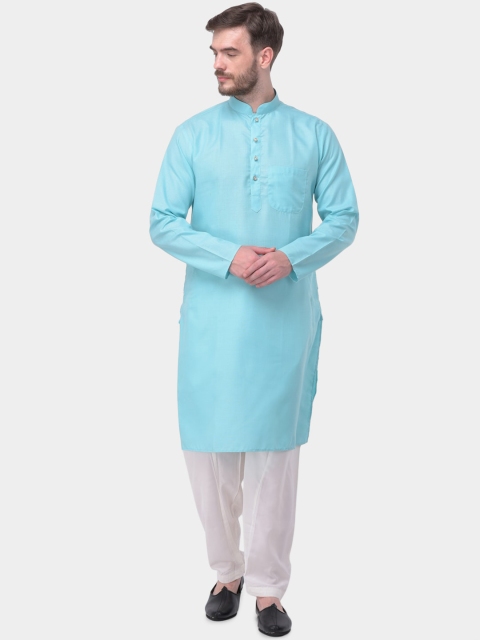 SG LEMAN Men Blue & White Solid Kurta with Pyjamas