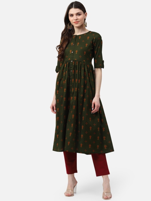 AHIKA Women Green Ethnic Motifs Printed Cotton Kurta