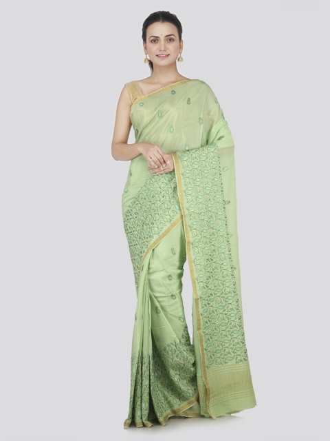 PinkLoom Green Embroidered Pure Chiffon Saree