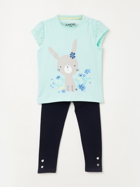 Juniors by Lifestyle Girls Mint Green & Navy Blue Printed Top with Leggings