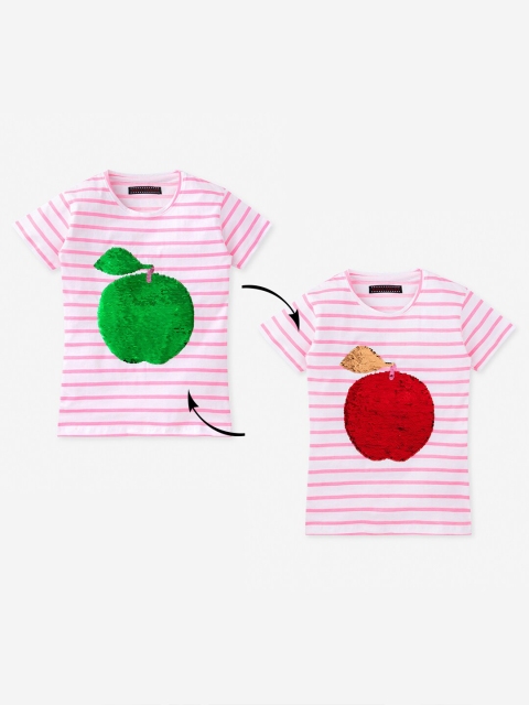 MAGIC TEES Girls Pink Striped Round Neck T-shirt