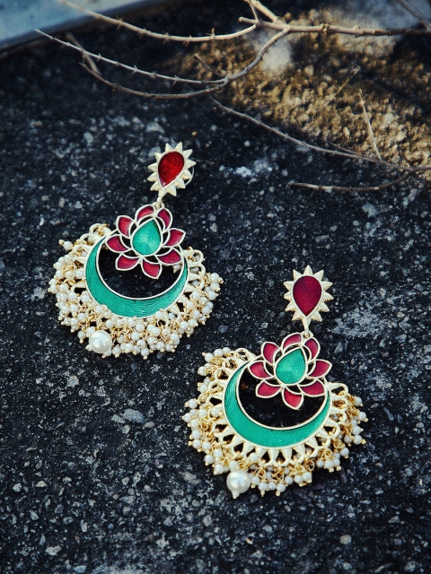 PANASH Gold & Green Crescent Shaped Chandbalis Earrings
