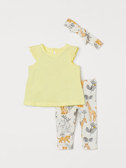 H&M Infant Girls Solid Top With Printed Leggings And Hairband, Multi