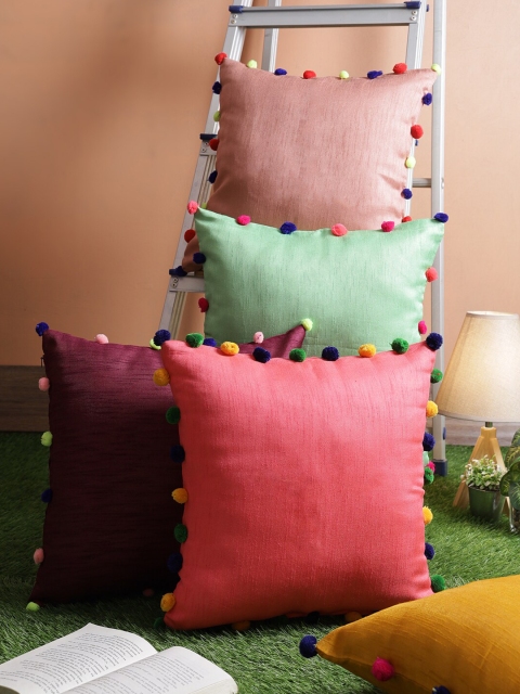 RANGDESI Set of 5 Multicoloured Solid Square Cushion Covers, Multi