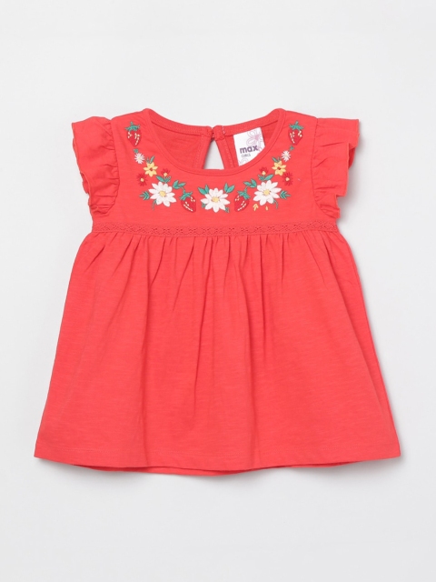 max Red & Off White Floral Embroidered A-Line Top