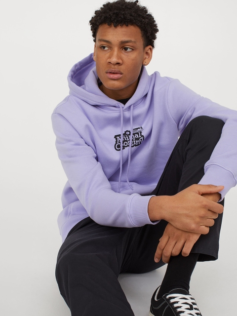 H&M Men Purple Printed Regular Fit Hoodie