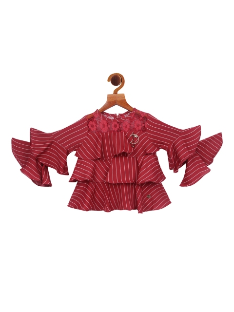 Tiny Girl Maroon & White Striped Bell Sleeve Tiered Top