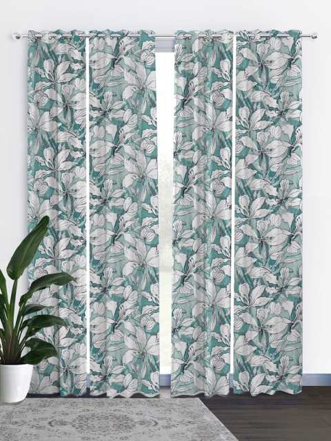 HOUZZCODE Sea Green & White Set of 4 Curtains