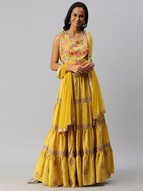 Soch Yellow & Peach-Coloured Embroidered Ready to Wear Lehenga & Blouse with Dupatta