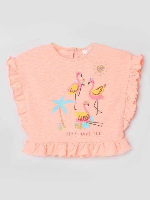 max Girls Orange Embroidered Flutter Sleeve Cotton Regular Top