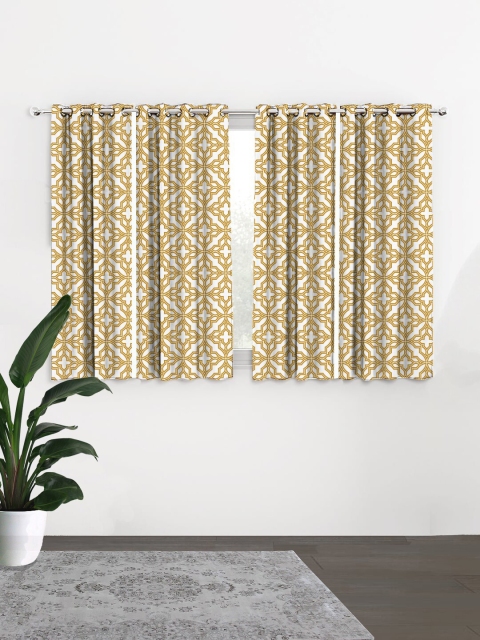 HOUZZCODE White & Mustard Yellow Set of 4 Window Curtains
