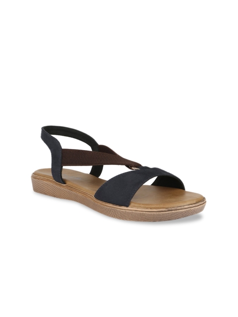 SOLES Women Navy Blue & Brown Colourblocked T-Strap Flats