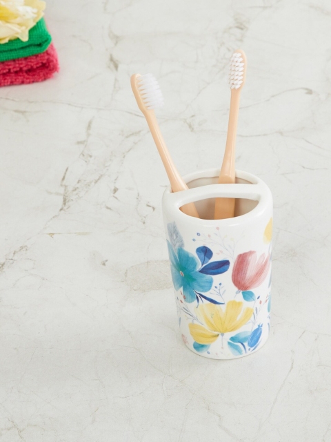 Home Centre White & Blue Floral Quiet Nature Ceramic Tooth Brush Holder