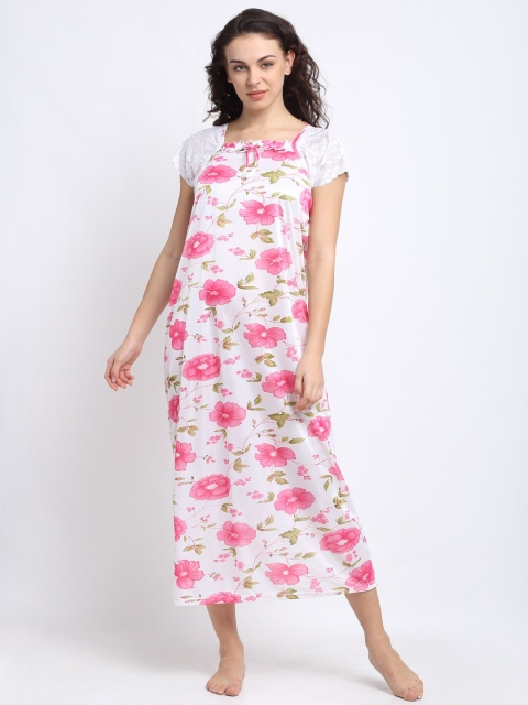 NEUDIS Women White & Pink Printed Nightdress
