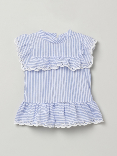 max Girls Blue & White Striped Flutter Sleeve Regular Top