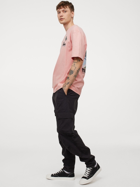 H&M Men Pink Printed Relaxed Fit Cotton T-shirt