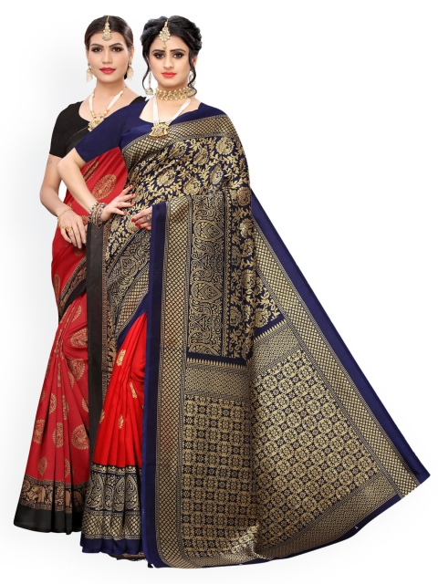 KALINI Red & Navy Blue Pack of 2 Ethnic Motifs Art Silk Sarees