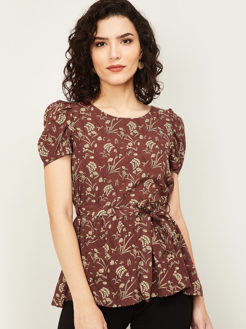 CODE by Lifestyle Brown & Beige Floral Peplum Top