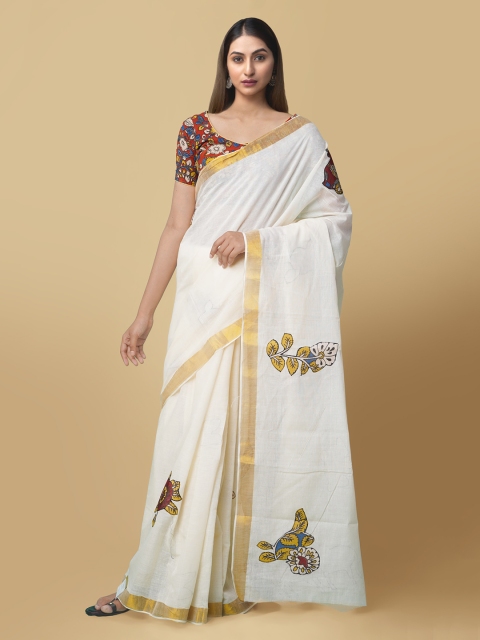 Unnati Silks White & Yellow Pure Cotton Printed Kasavu Handloom Saree