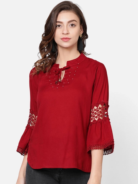 V2 Value & Variety Maroon Tie-Up Neck Regular Top