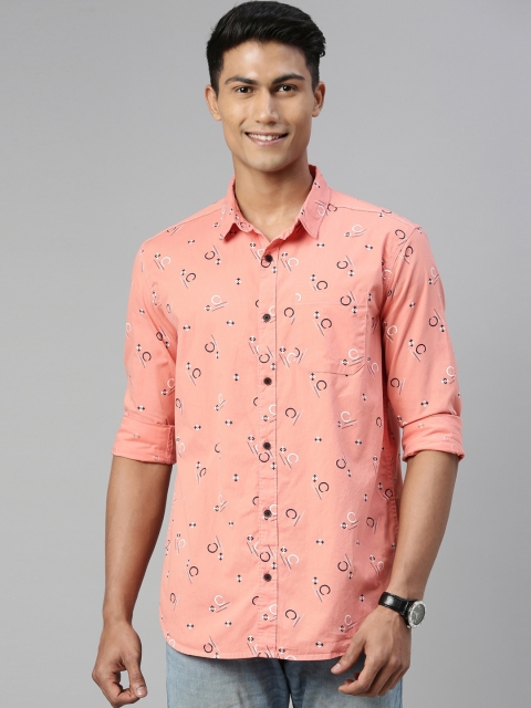 William White Men Peach-Coloured Printed Slim Fit Casual Shirt