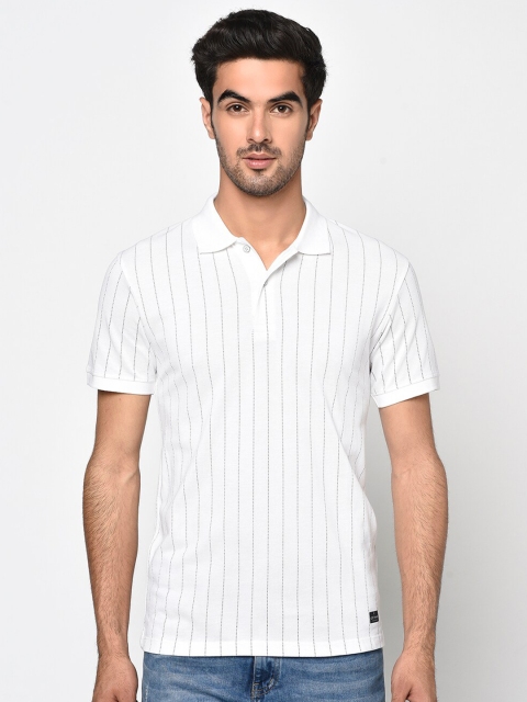 Octave Men White Striped Polo Collar T-shirt