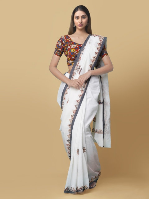 Unnati Silks White & Pink Pure Cotton Printed Kasavu Saree