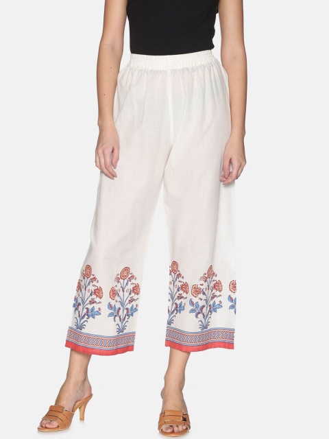 Saffron Threads Women Off-White & Blue Hem Design Straight Palazzos