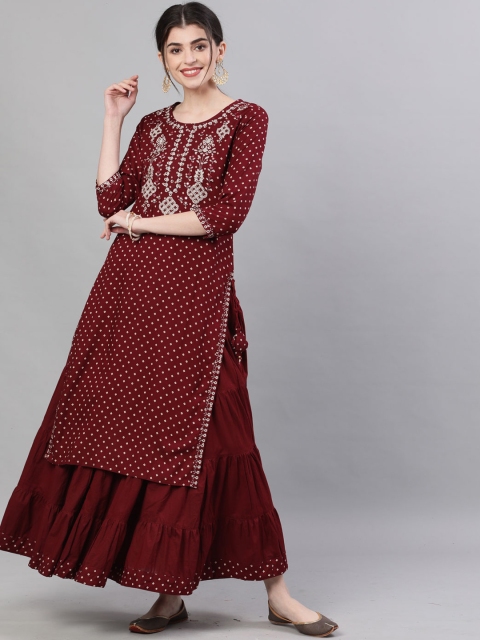Ishin DESIGNER STUDIO Women Maroon Embroidered Kurta with Sharara