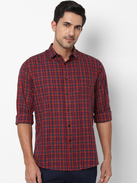 Allen Solly Men Rust Orange & Navy Blue Slim Fit Checked Casual Shirt