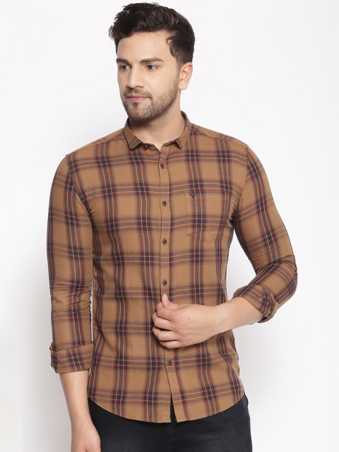 SHOWOFF Men Beige & Black Cotton Classic Slim Fit Checked Casual Shirt
