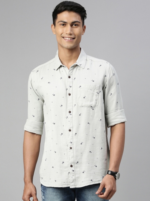 William White Men Grey Slim Fit Printed Casual Shirt