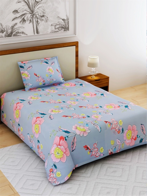 Salona Bichona Unisex Blue Floral Printed 1 King Bedsheet With 2 Pillow Cover