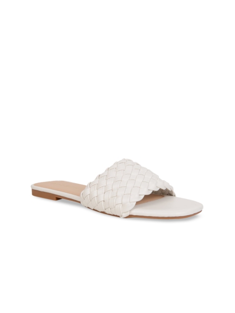 Addons Women White Woven Design Open Toe Flats