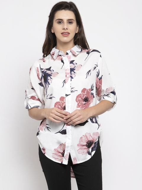 Global Republic Women White & Peach-Coloured Regular Fit Printed Casual Shirt