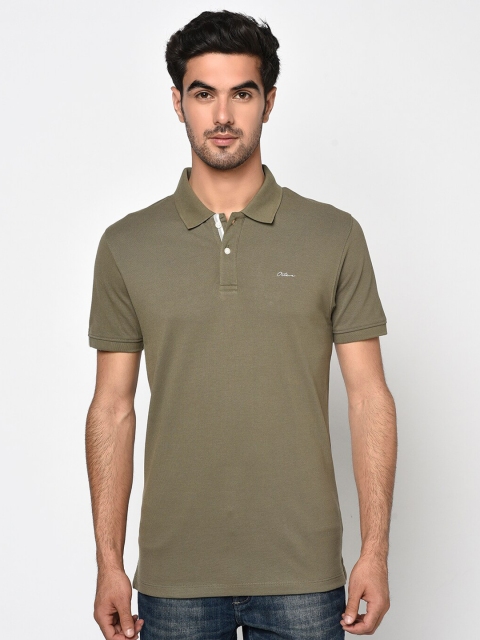 Octave Men Olive Green Solid Polo Collar T-shirt