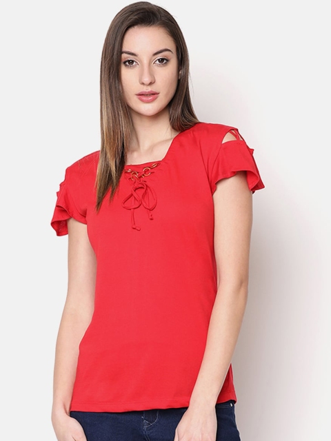 V2 Value & Variety Red Cold Shoulder Chambray Top
